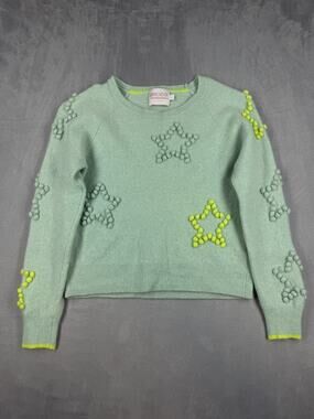 Brodie 100% Cashmere Sweater Women's S Mint Green Bobble Stars Crop NWOT